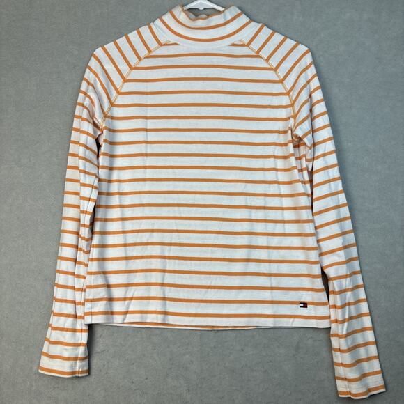 Tommy Hilfiger Shirt Women’s Large Yellow Crest Striped L/S Mock Turtleneck Fall - Picture 1 of 8